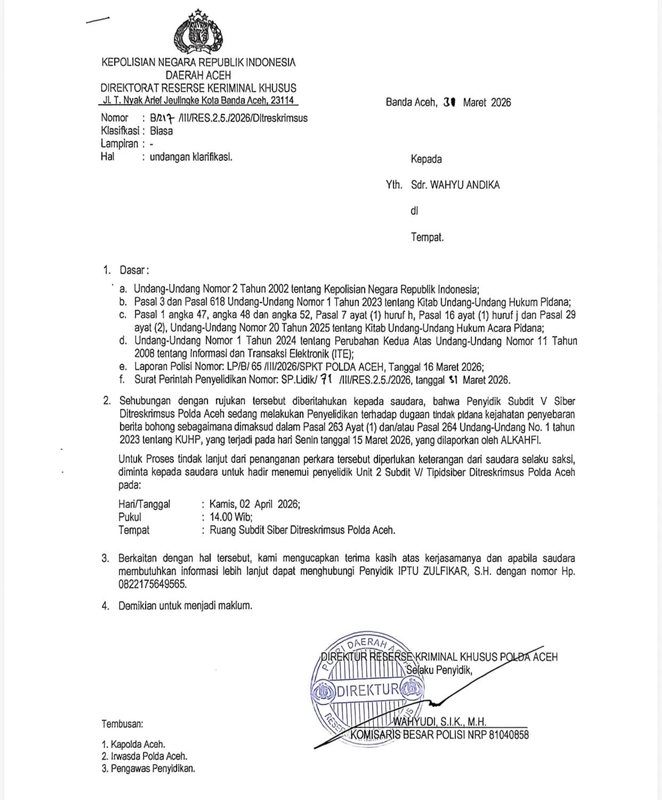 PWI Aceh Tolak Pemanggilan Wartawan Bithe.co oleh Polda Aceh