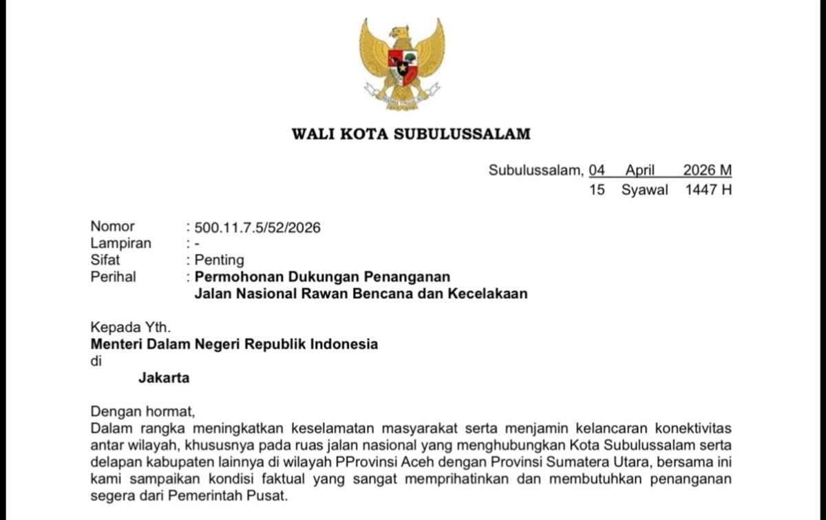 Wali Kota Subulussalam Minta Pusat Tangani Jalan Rawan Kecelakaan di Perbatasan Aceh–Sumut