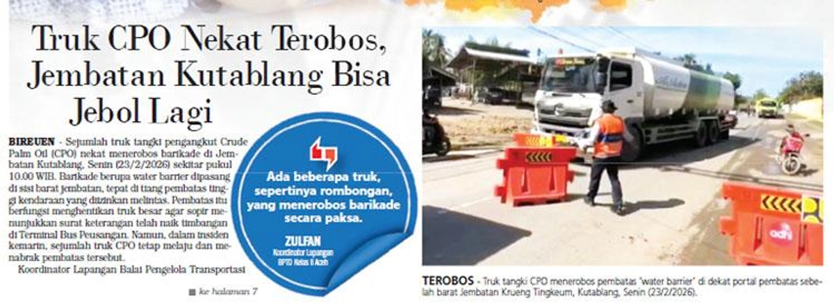 Truk CPO Nekat Tabrak Barikade Jembatan Kutablang, Petugas Kewalahan
