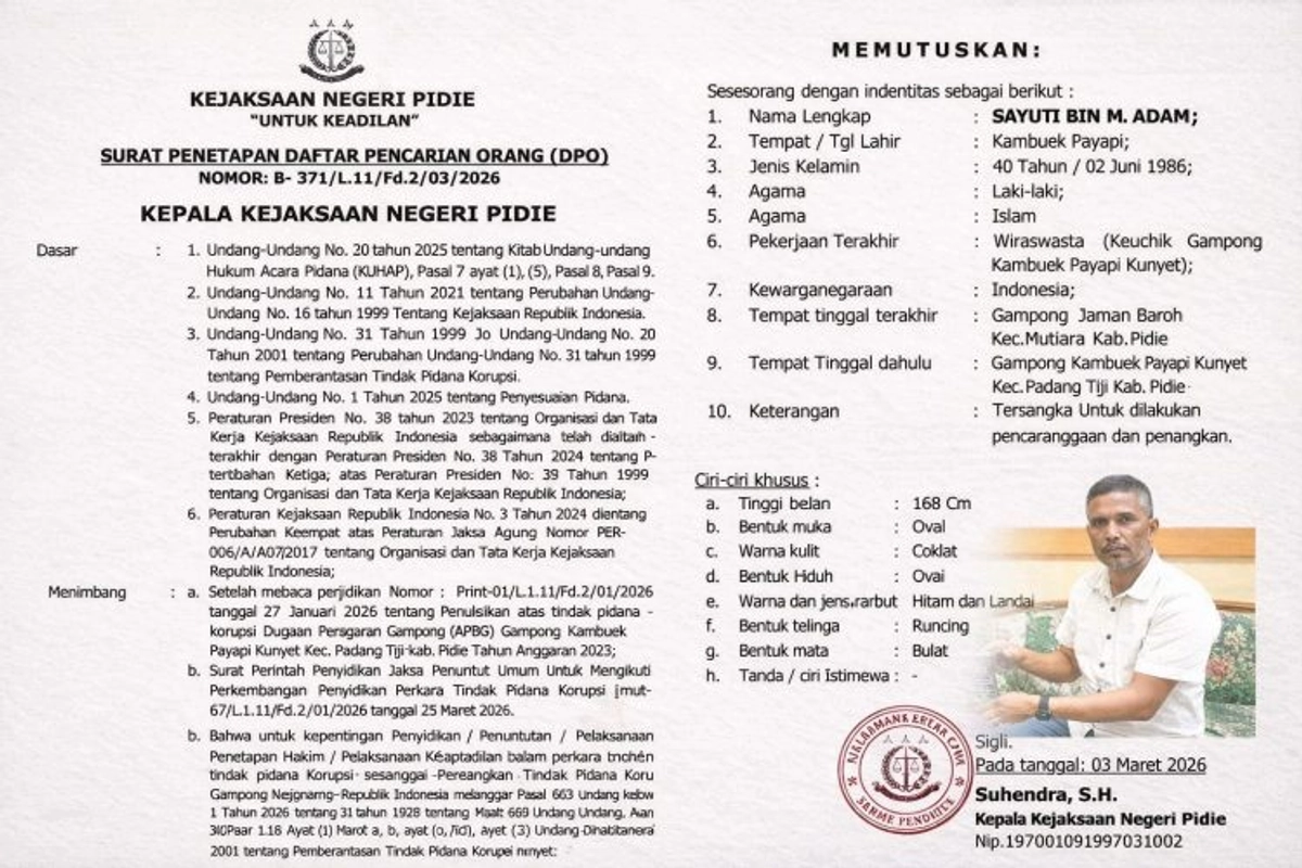 Keuchik Pidie Hilang, Dana Desa Rp292 Juta Misterius Dikorupsi