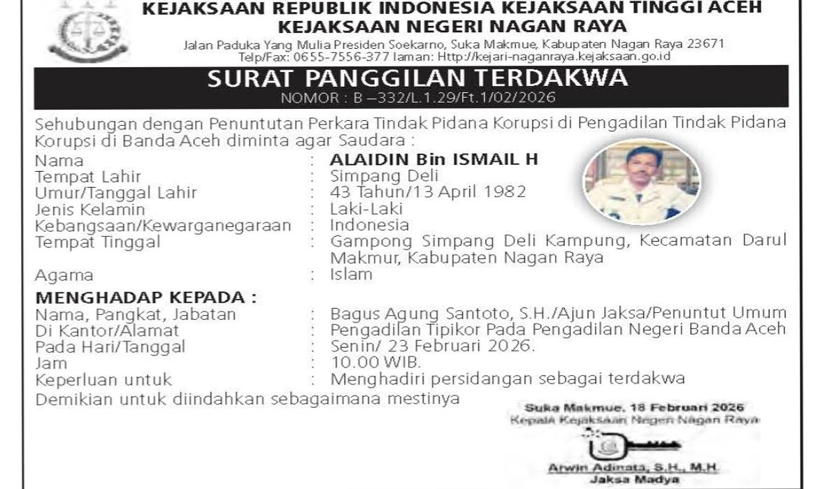 Mantan Keuchik Nagan Raya DPO, Sidang Korupsi Rp445 Juta Ditunda